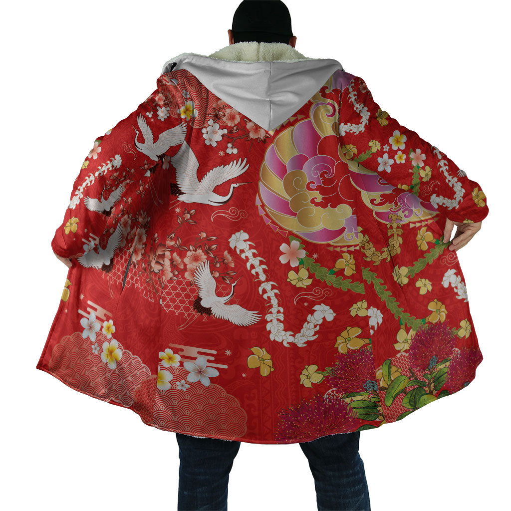 Hawaiian and Japanese Culture Together Cloak Kakau Tribal Pattern and Irezumi Art Red Color