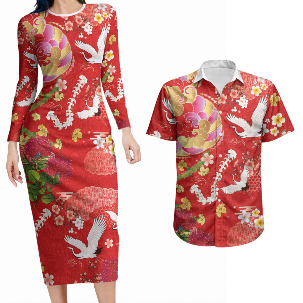 Hawaiian and Japanese Culture Together Couples Matching Long Sleeve Bodycon Dress and Hawaiian Shirt Kakau Tribal Pattern and Irezumi Art Red Color
