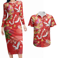 Hawaiian and Japanese Culture Together Couples Matching Long Sleeve Bodycon Dress and Hawaiian Shirt Kakau Tribal Pattern and Irezumi Art Red Color
