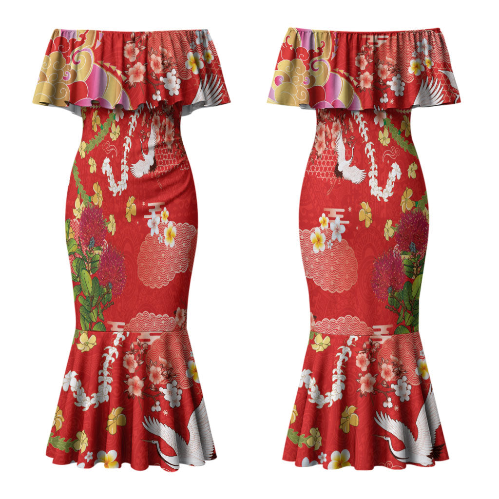 Hawaiian and Japanese Culture Together Couples Matching Mermaid Dress and Hawaiian Shirt Kakau Tribal Pattern and Irezumi Art Red Color