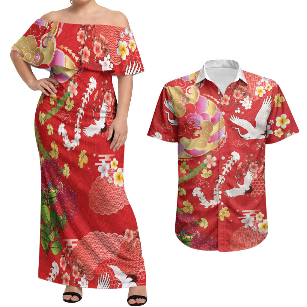 Hawaiian and Japanese Culture Together Couples Matching Off Shoulder Maxi Dress and Hawaiian Shirt Kakau Tribal Pattern and Irezumi Art Red Color