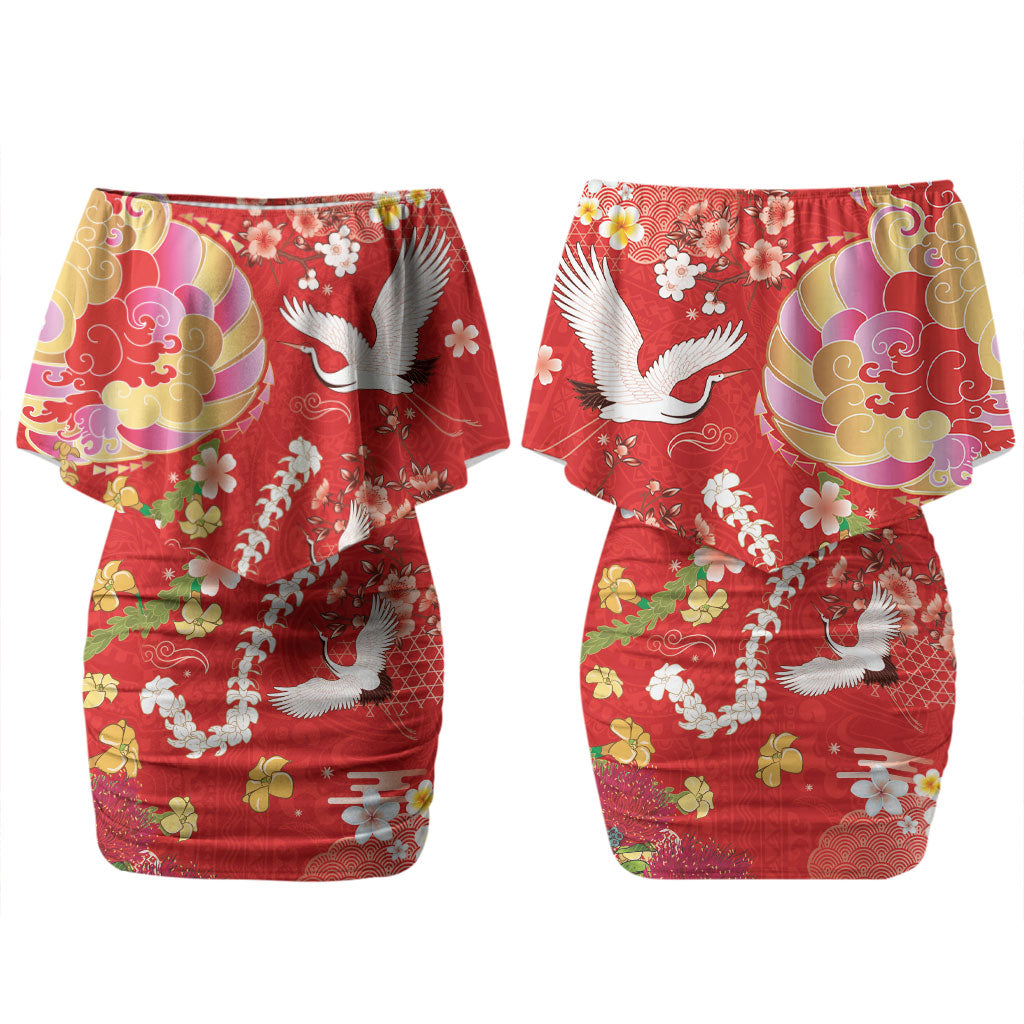 Hawaiian and Japanese Culture Together Couples Matching Off Shoulder Short Dress and Hawaiian Shirt Kakau Tribal Pattern and Irezumi Art Red Color