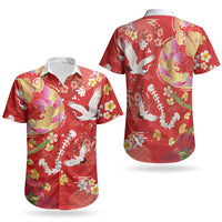 Hawaiian and Japanese Culture Together Couples Matching Off Shoulder Short Dress and Hawaiian Shirt Kakau Tribal Pattern and Irezumi Art Red Color