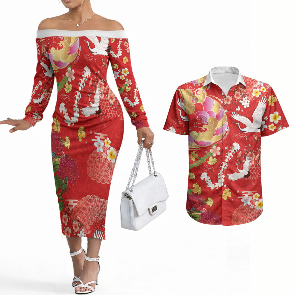 Hawaiian and Japanese Culture Together Couples Matching Off The Shoulder Long Sleeve Dress and Hawaiian Shirt Kakau Tribal Pattern and Irezumi Art Red Color