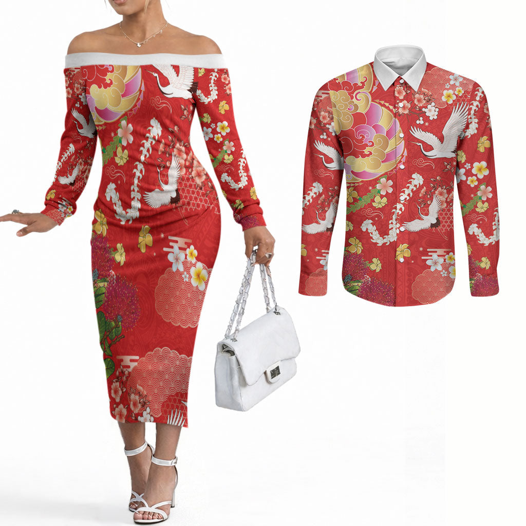 Hawaiian and Japanese Culture Together Couples Matching Off The Shoulder Long Sleeve Dress and Long Sleeve Button Shirt Kakau Tribal Pattern and Irezumi Art Red Color