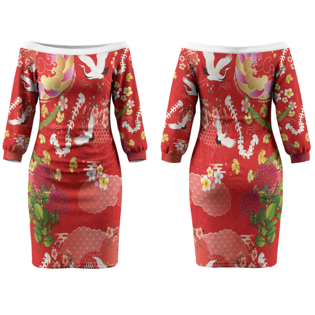 Hawaiian and Japanese Culture Together Couples Matching Off The Shoulder Long Sleeve Dress and Long Sleeve Button Shirt Kakau Tribal Pattern and Irezumi Art Red Color