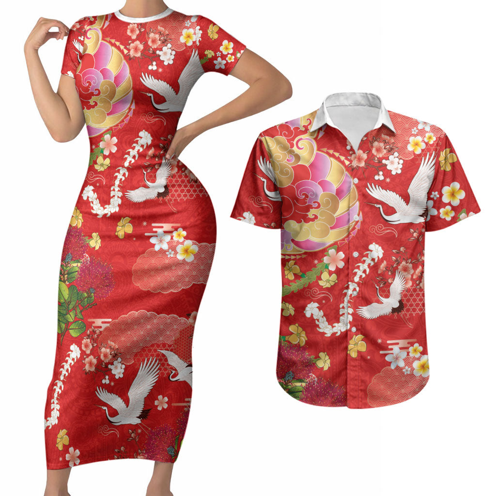 Hawaiian and Japanese Culture Together Couples Matching Short Sleeve Bodycon Dress and Hawaiian Shirt Kakau Tribal Pattern and Irezumi Art Red Color LT03 Red - Polynesian Pride