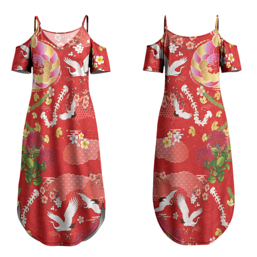 Hawaiian and Japanese Culture Together Couples Matching Summer Maxi Dress and Long Sleeve Button Shirt Kakau Tribal Pattern and Irezumi Art Red Color