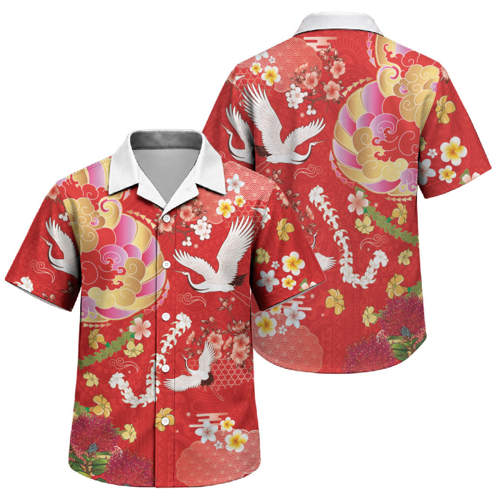 Hawaiian and Japanese Culture Together Family Matching Long Sleeve Bodycon Dress and Hawaiian Shirt Kakau Tribal Pattern and Irezumi Art Red Color