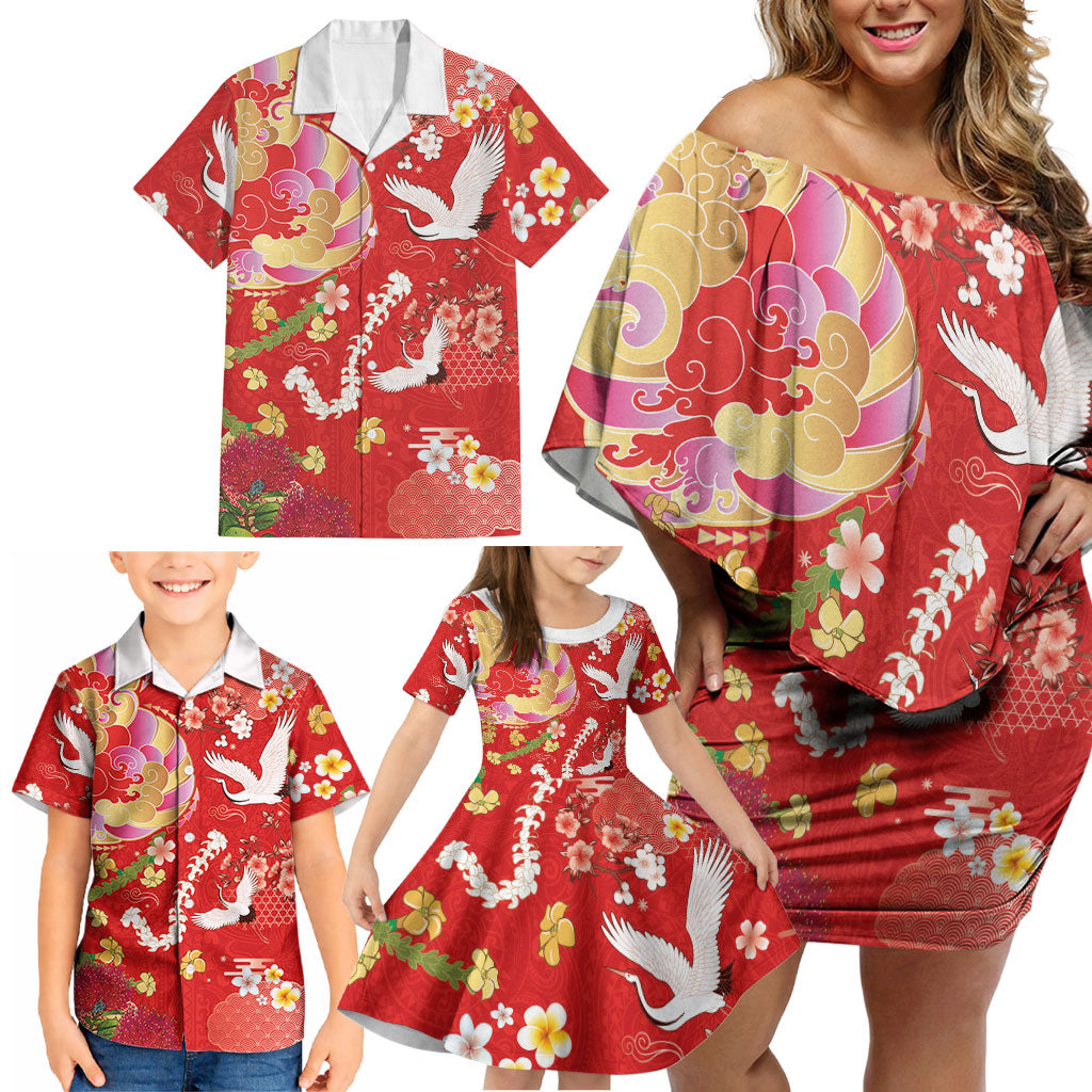 Hawaiian and Japanese Culture Together Family Matching Off Shoulder Short Dress and Hawaiian Shirt Kakau Tribal Pattern and Irezumi Art Red Color