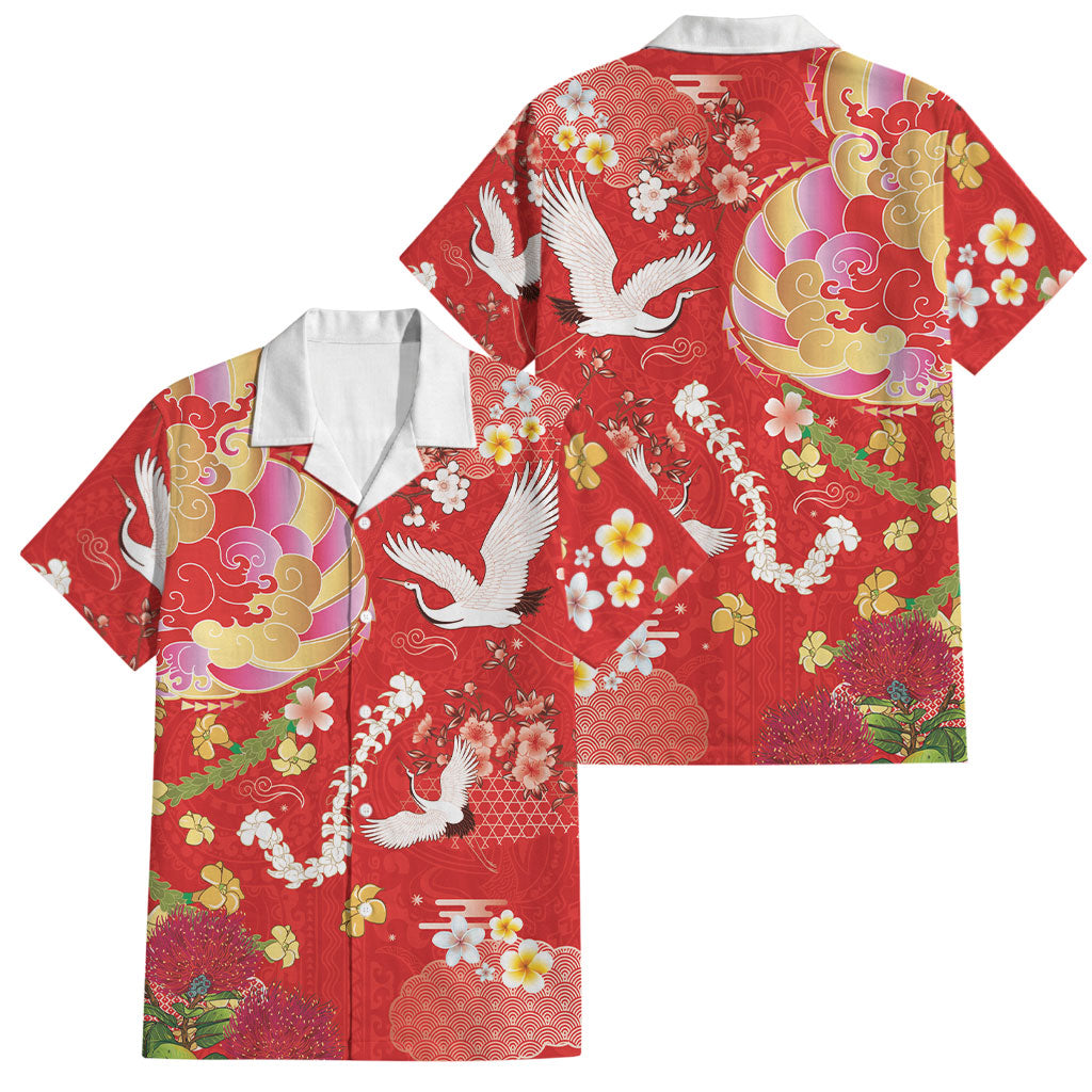 Hawaiian and Japanese Culture Together Family Matching Off Shoulder Short Dress and Hawaiian Shirt Kakau Tribal Pattern and Irezumi Art Red Color