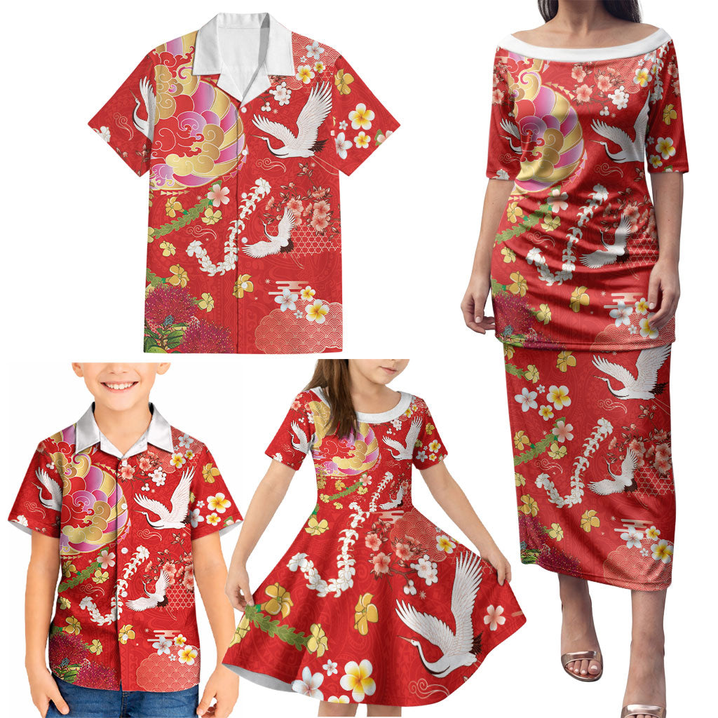 Hawaiian and Japanese Culture Together Family Matching Puletasi and Hawaiian Shirt Kakau Tribal Pattern and Irezumi Art Red Color LT03 - Polynesian Pride