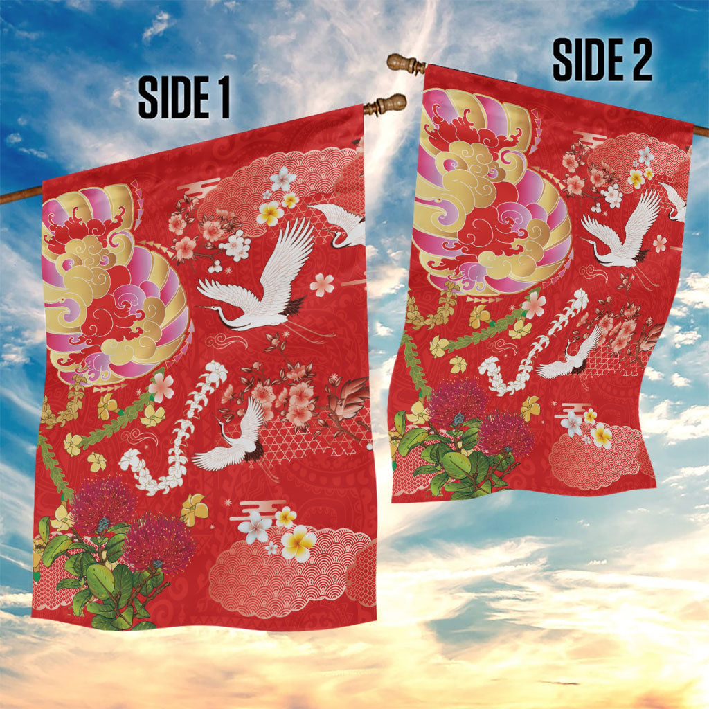 Hawaiian and Japanese Culture Together Garden Flag Kakau Tribal Pattern and Irezumi Art Red Color LT03 - Polynesian Pride
