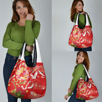 Hawaiian and Japanese Culture Together Grocery Bag Kakau Tribal Pattern and Irezumi Art Red Color