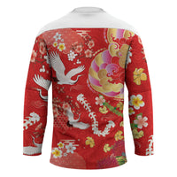 Hawaiian and Japanese Culture Together Hockey Jersey Kakau Tribal Pattern and Irezumi Art Red Color