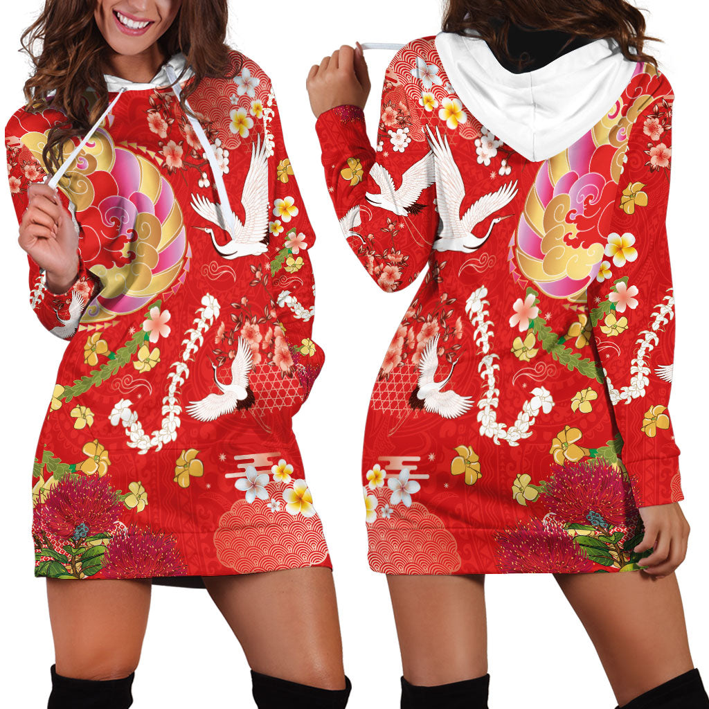 Hawaiian and Japanese Culture Together Hoodie Dress Kakau Tribal Pattern and Irezumi Art Red Color LT03 - Polynesian Pride