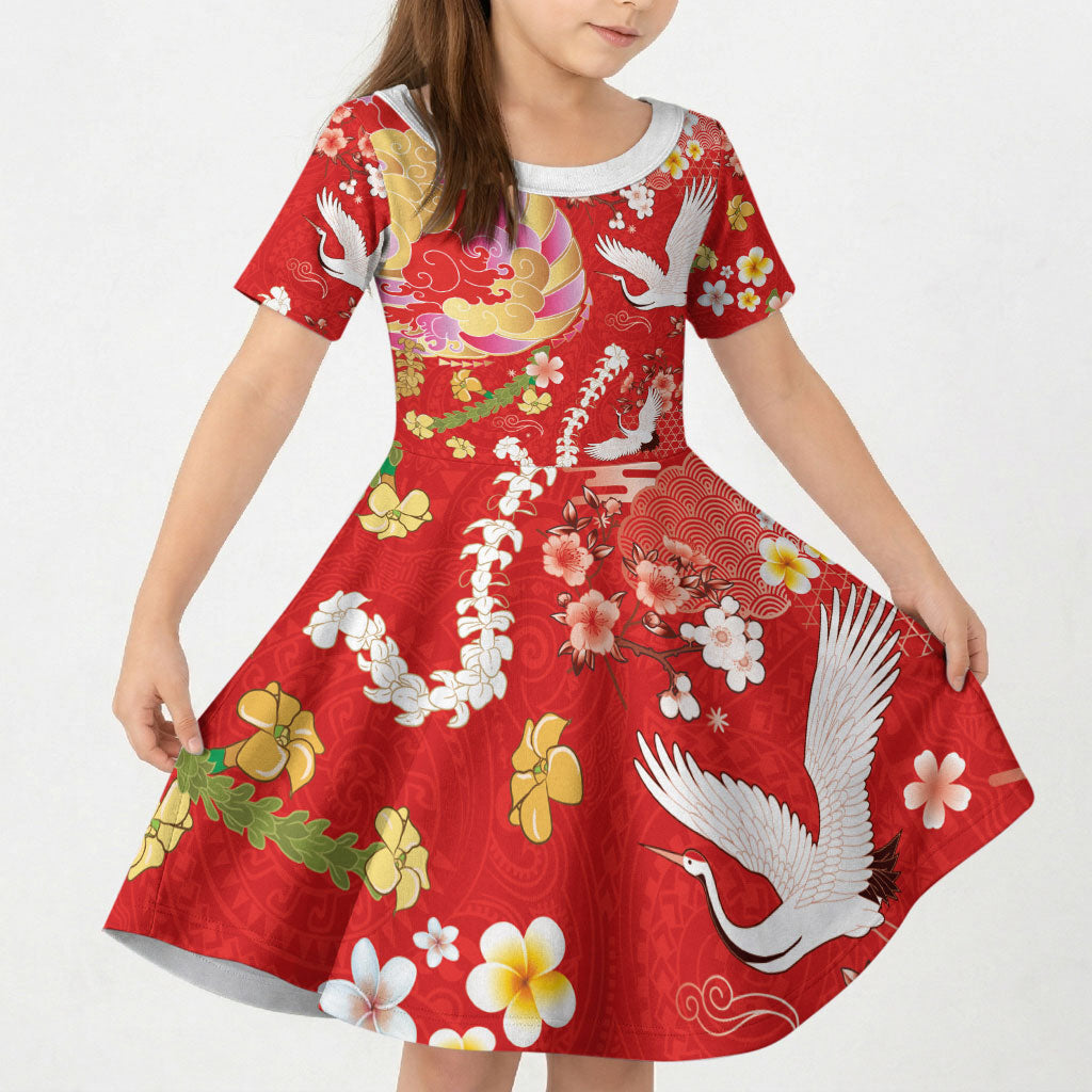 Hawaiian and Japanese Culture Together Kid Short Sleeve Dress Kakau Tribal Pattern and Irezumi Art Red Color