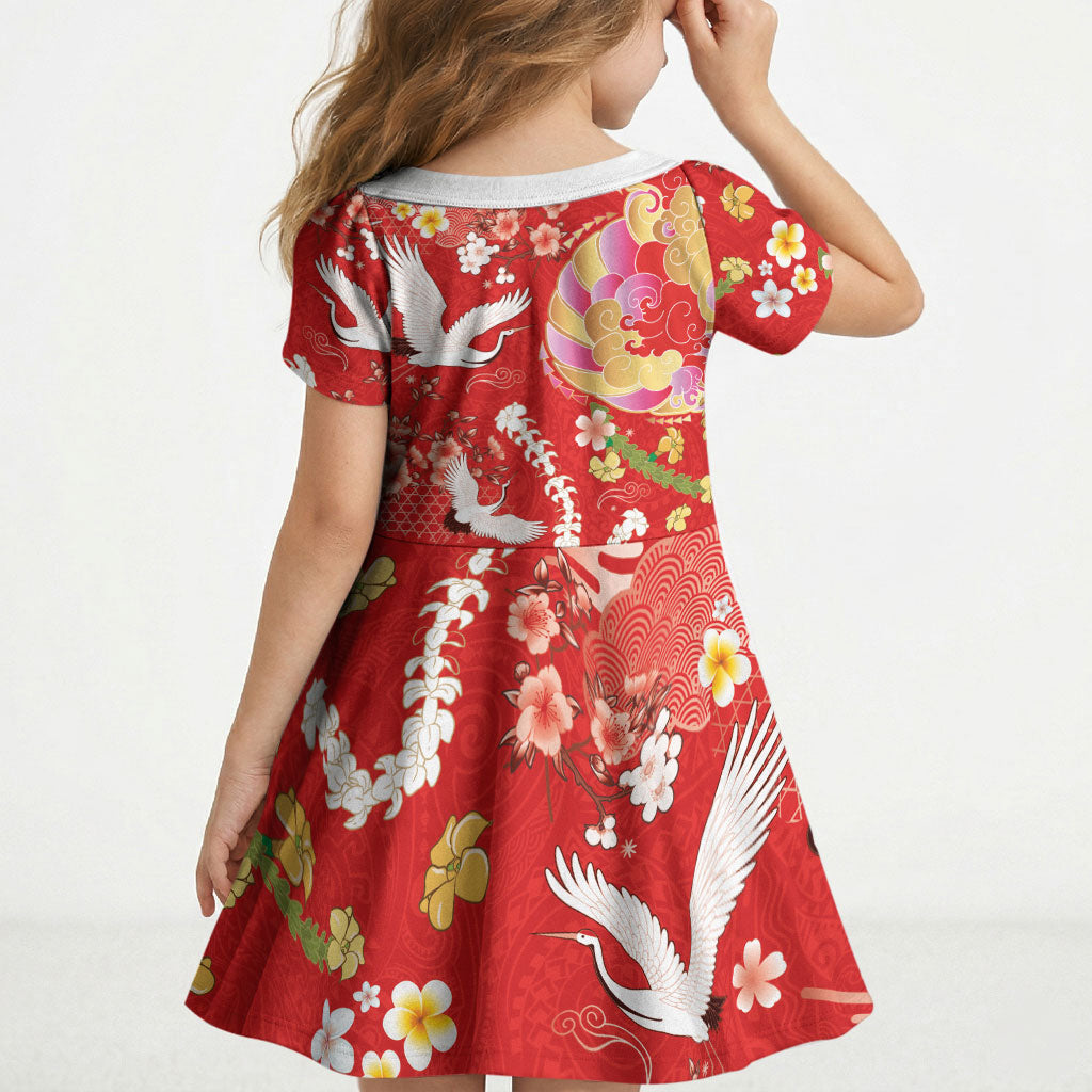 Hawaiian and Japanese Culture Together Kid Short Sleeve Dress Kakau Tribal Pattern and Irezumi Art Red Color LT03 - Polynesian Pride