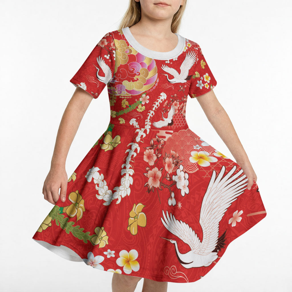 Hawaiian and Japanese Culture Together Kid Short Sleeve Dress Kakau Tribal Pattern and Irezumi Art Red Color LT03 - Polynesian Pride