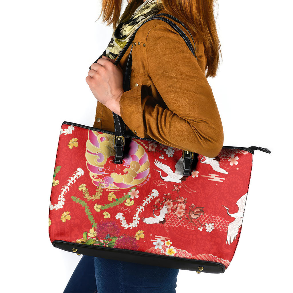 Hawaiian and Japanese Culture Together Leather Tote Bag Kakau Tribal Pattern and Irezumi Art Red Color