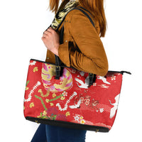 Hawaiian and Japanese Culture Together Leather Tote Bag Kakau Tribal Pattern and Irezumi Art Red Color