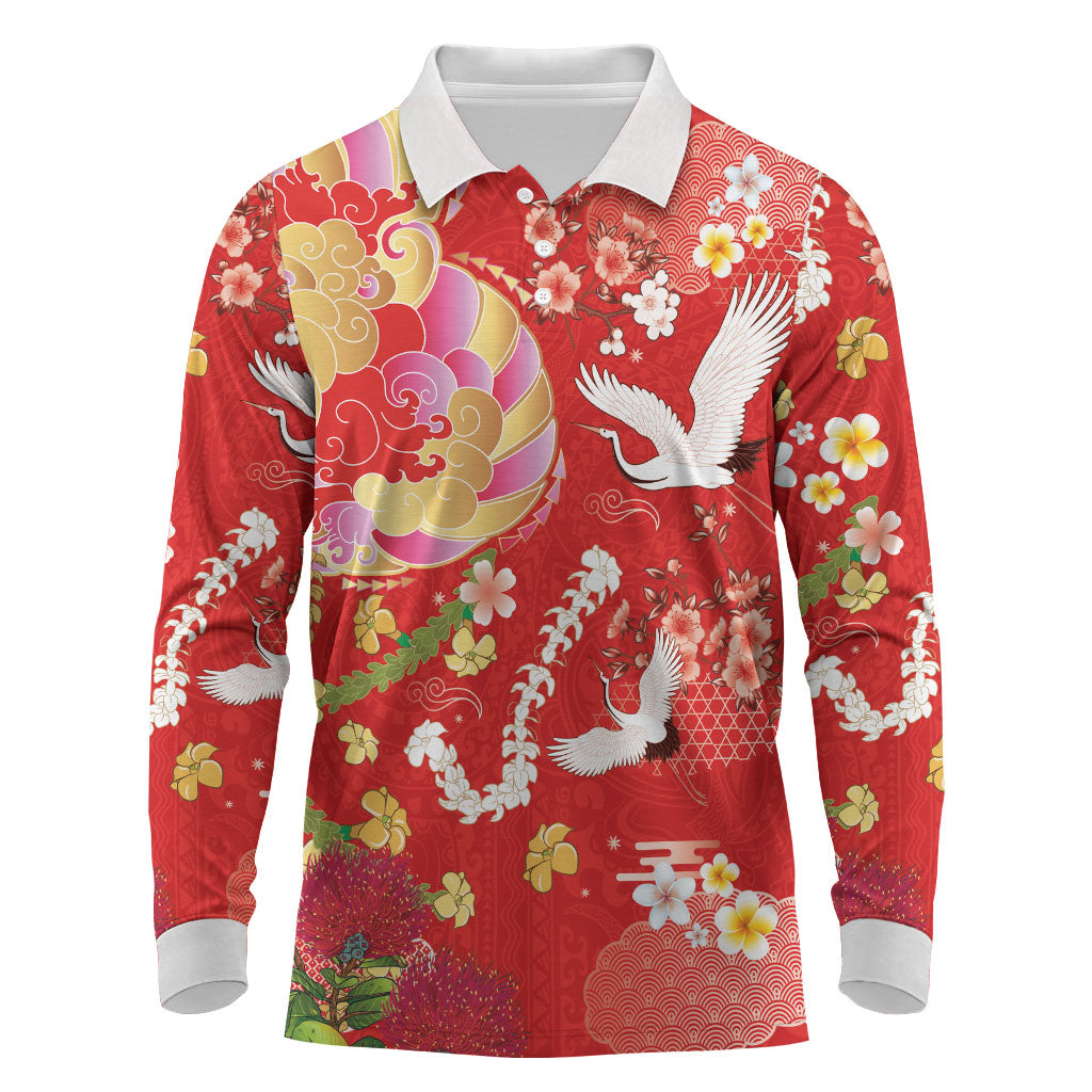 Hawaiian and Japanese Culture Together Long Sleeve Polo Shirt Kakau Tribal Pattern and Irezumi Art Red Color