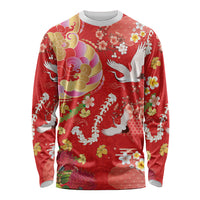 Hawaiian and Japanese Culture Together Long Sleeve Shirt Kakau Tribal Pattern and Irezumi Art Red Color