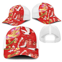 Hawaiian and Japanese Culture Together Mesh Trucker Cap Kakau Tribal Pattern and Irezumi Art Red Color