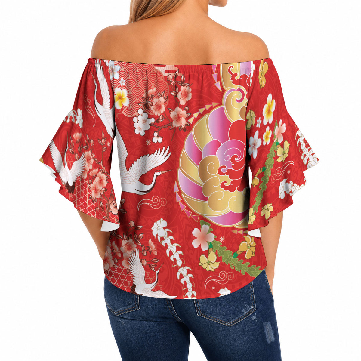 Hawaiian and Japanese Culture Together Off Shoulder Wrap Waist Top Kakau Tribal Pattern and Irezumi Art Red Color LT03 - Polynesian Pride