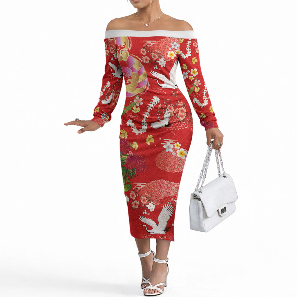 Hawaiian and Japanese Culture Together Off The Shoulder Long Sleeve Dress Kakau Tribal Pattern and Irezumi Art Red Color