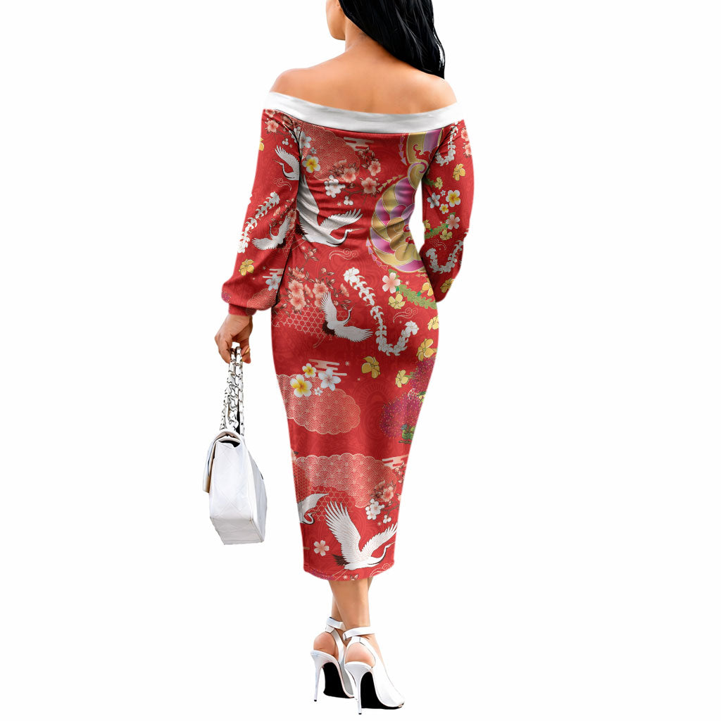 Hawaiian and Japanese Culture Together Off The Shoulder Long Sleeve Dress Kakau Tribal Pattern and Irezumi Art Red Color