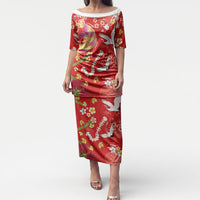 Hawaiian and Japanese Culture Together Puletasi Kakau Tribal Pattern and Irezumi Art Red Color