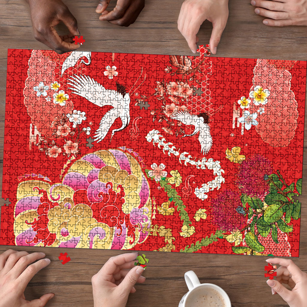 Hawaiian and Japanese Culture Together Puzzle Kakau Tribal Pattern and Irezumi Art Red Color