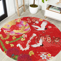 Hawaiian and Japanese Culture Together Round Carpet Kakau Tribal Pattern and Irezumi Art Red Color