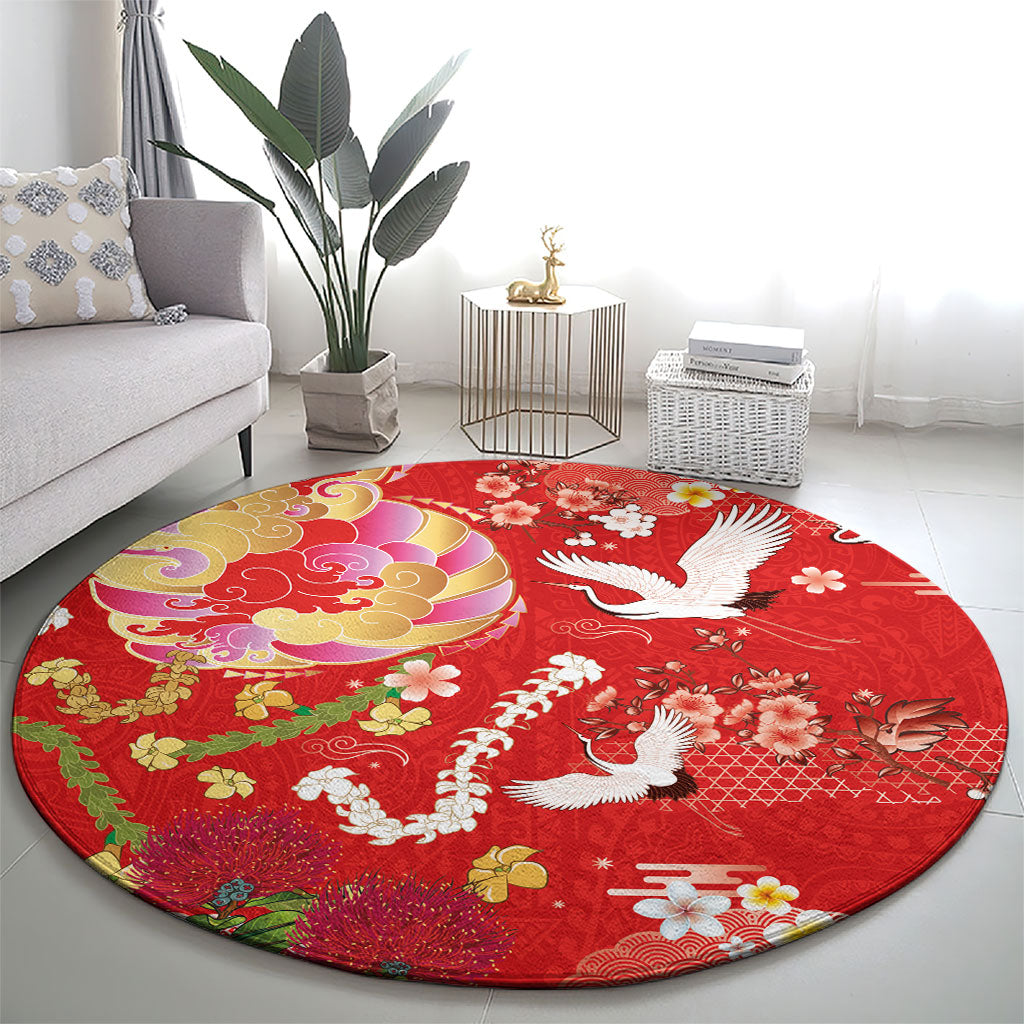 Hawaiian and Japanese Culture Together Round Carpet Kakau Tribal Pattern and Irezumi Art Red Color