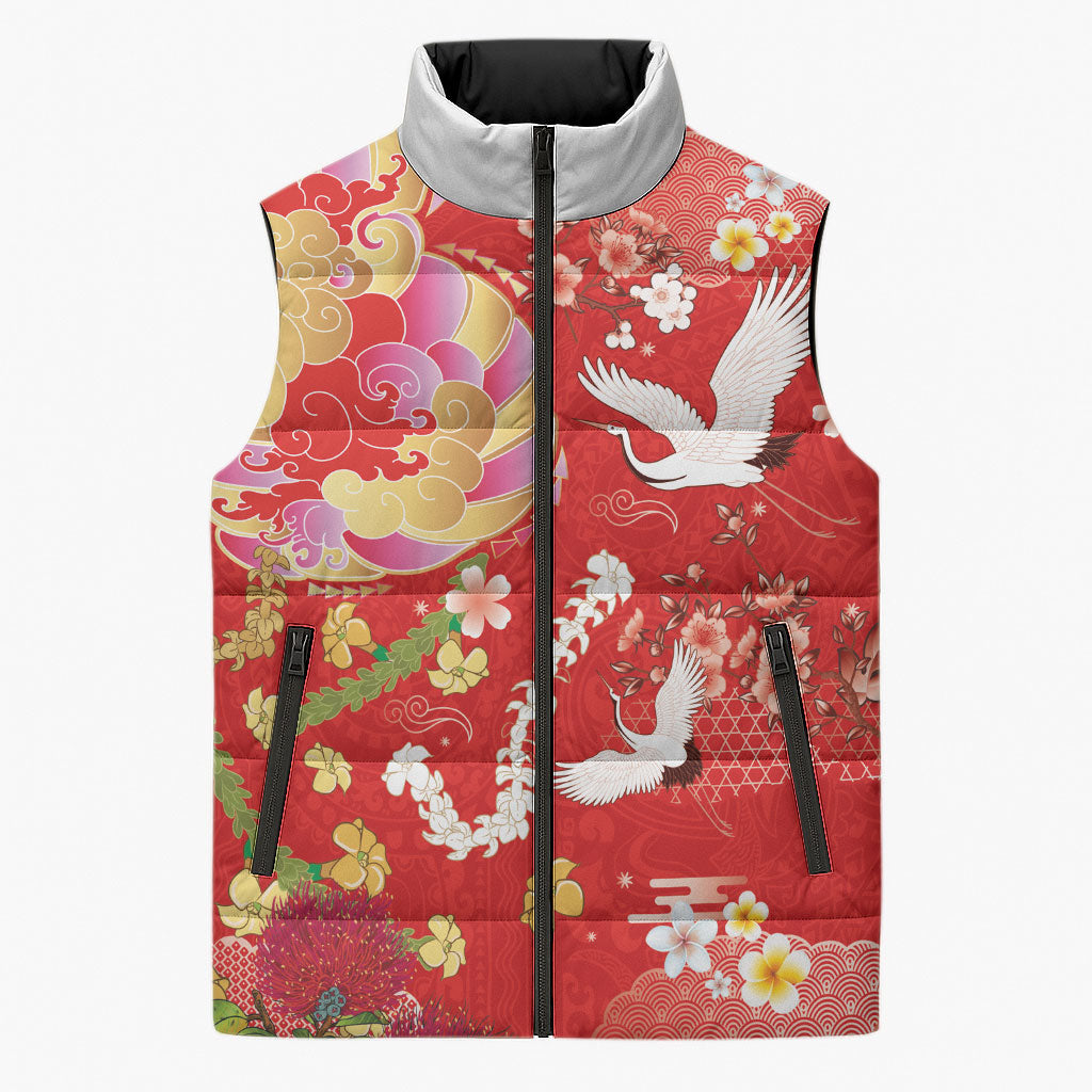 Hawaiian and Japanese Culture Together Sleeveless Puffer Jacket Kakau Tribal Pattern and Irezumi Art Red Color