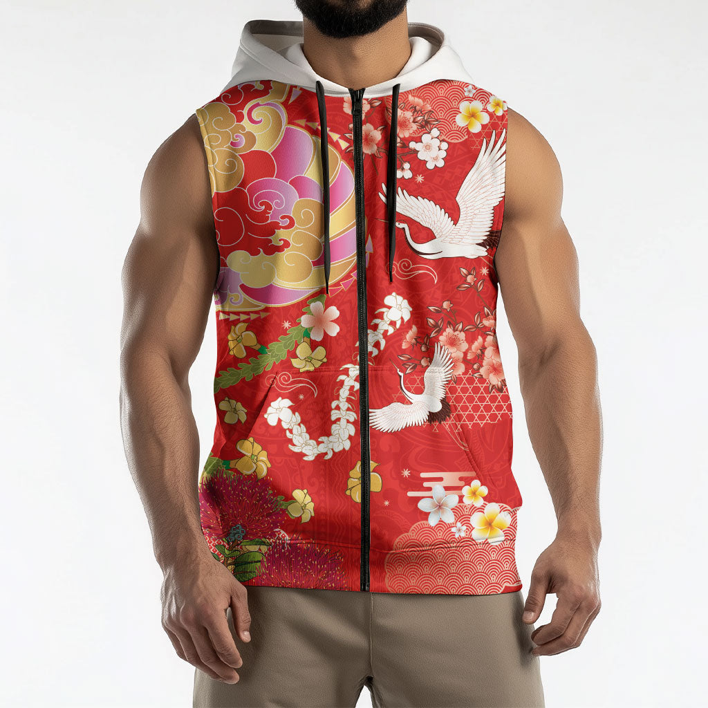 Hawaiian and Japanese Culture Together Sleeveless Zip Hoodie Kakau Tribal Pattern and Irezumi Art Red Color
