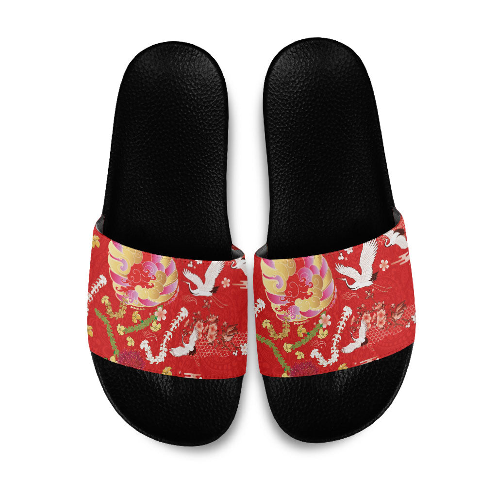 Hawaiian and Japanese Culture Together Slide Sandals Kakau Tribal Pattern and Irezumi Art Red Color