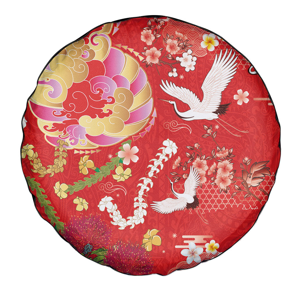 Hawaiian and Japanese Culture Together Spare Tire Cover Kakau Tribal Pattern and Irezumi Art Red Color