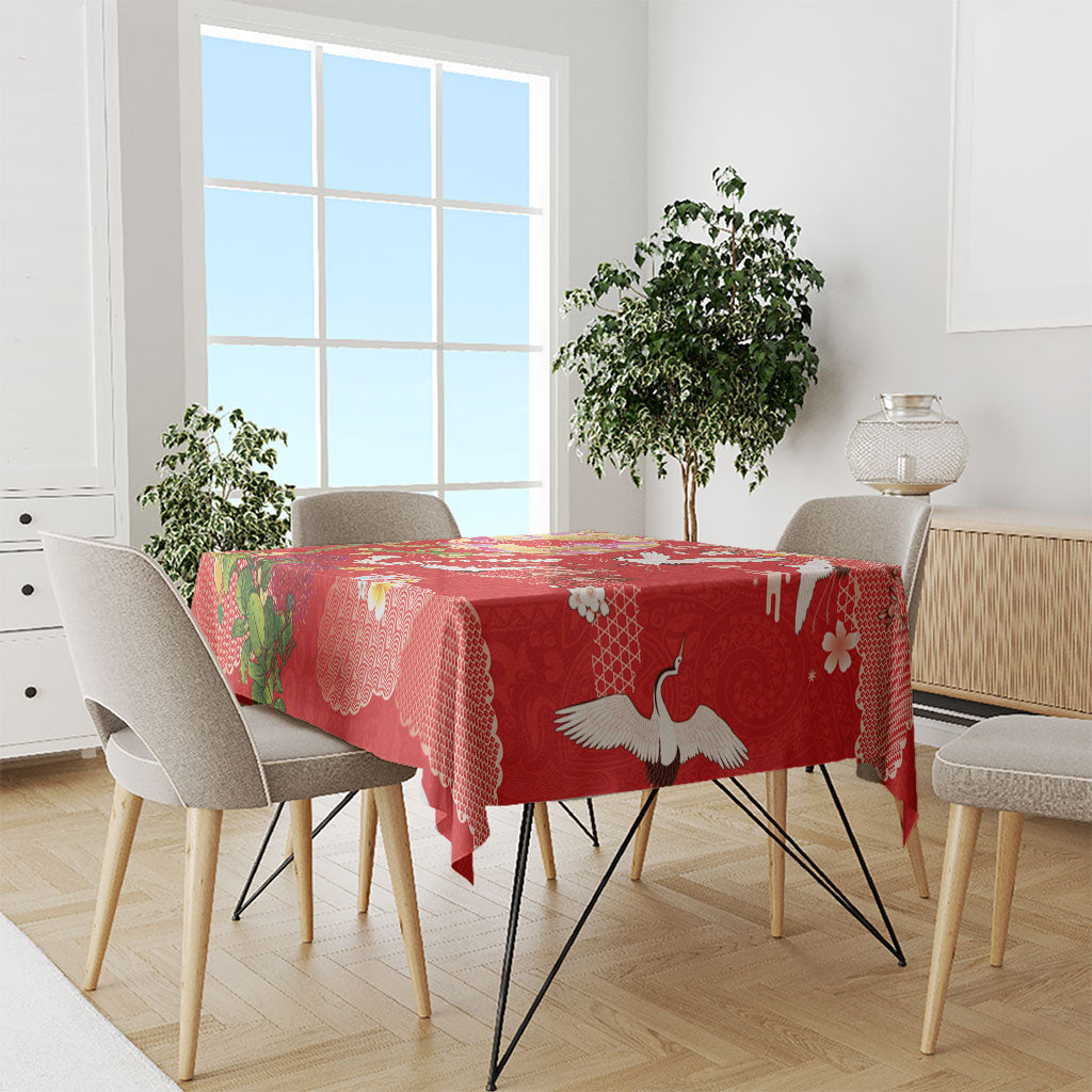 Hawaiian and Japanese Culture Together Tablecloth Kakau Tribal Pattern and Irezumi Art Red Color