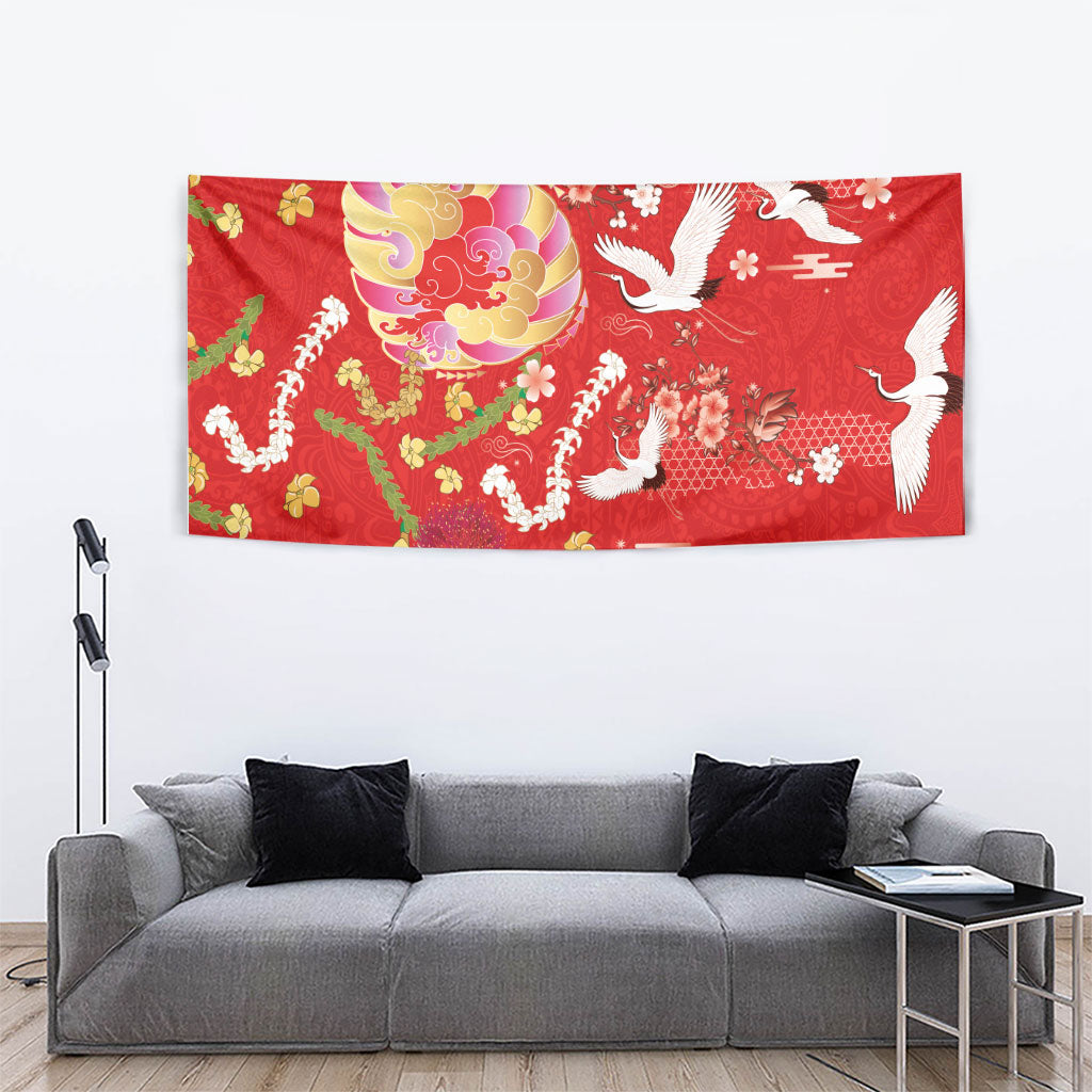 Hawaiian and Japanese Culture Together Tapestry Kakau Tribal Pattern and Irezumi Art Red Color