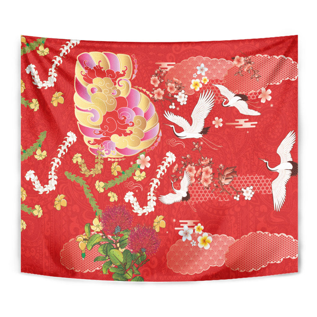 Hawaiian and Japanese Culture Together Tapestry Kakau Tribal Pattern and Irezumi Art Red Color