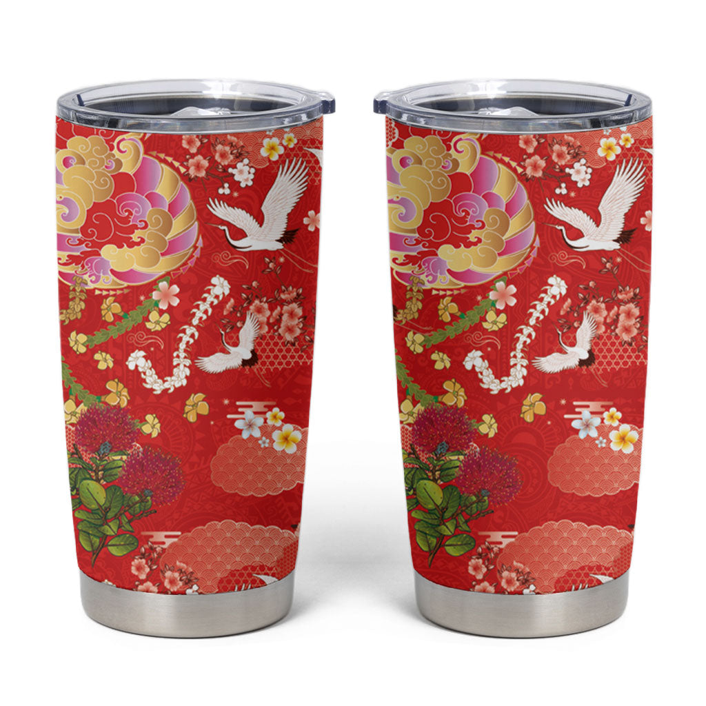 Hawaiian and Japanese Culture Together Tumbler Cup Kakau Tribal Pattern and Irezumi Art Red Color