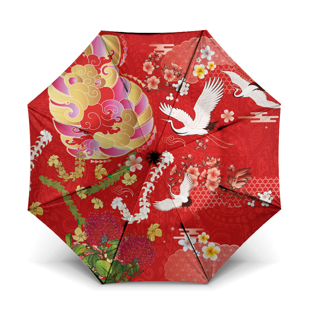 Hawaiian and Japanese Culture Together Umbrella Kakau Tribal Pattern and Irezumi Art Red Color