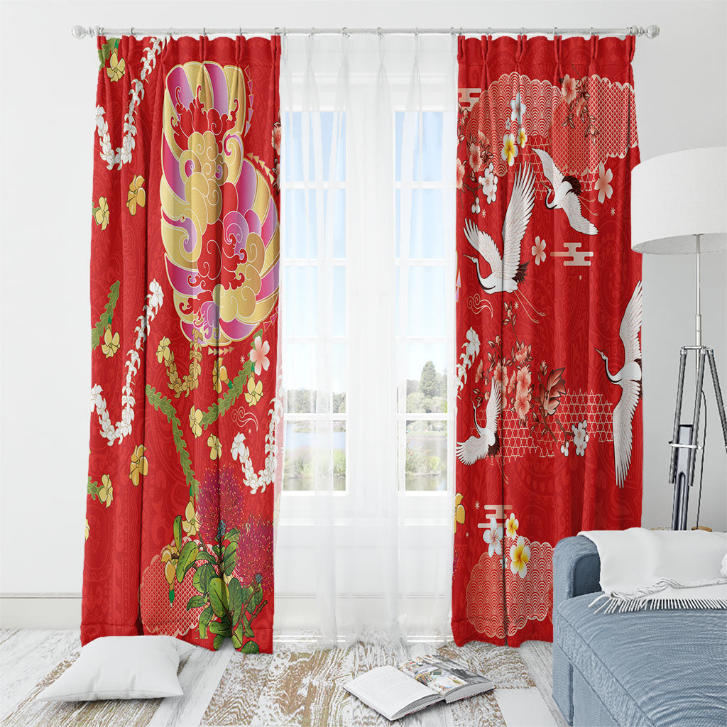 Hawaiian and Japanese Culture Together Window Curtain Kakau Tribal Pattern and Irezumi Art Red Color