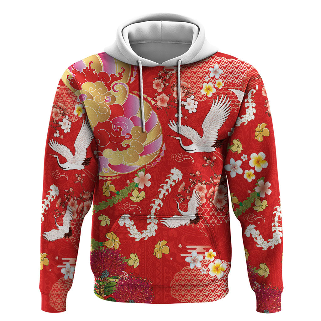 Hawaiian and Japanese Culture Together Zip Hoodie Kakau Tribal Pattern and Irezumi Art Red Color