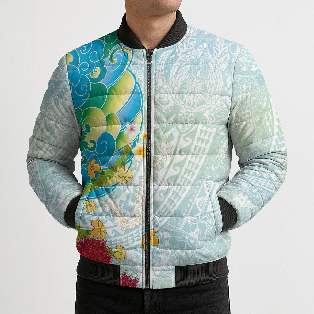 Japanese and Hawaiian Culture Fusion Bomber Puffer Jacket Irezumi with Turtles and Lei Kakau Pattern Fresh Vibe LT03 - Polynesian Pride
