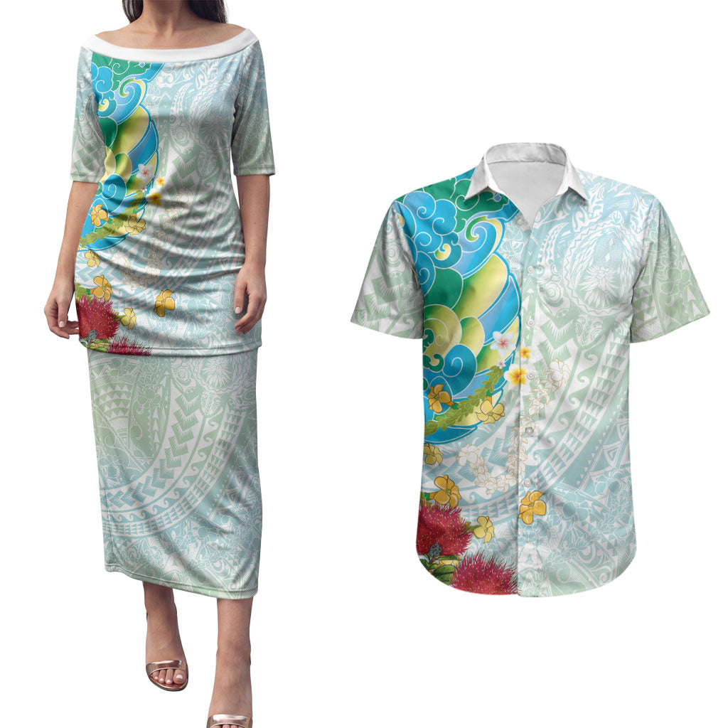 Japanese and Hawaiian Culture Fusion Couples Matching Puletasi and Hawaiian Shirt Irezumi with Turtles and Lei Kakau Pattern Fresh Vibe LT03 Multicolor - Polynesian Pride