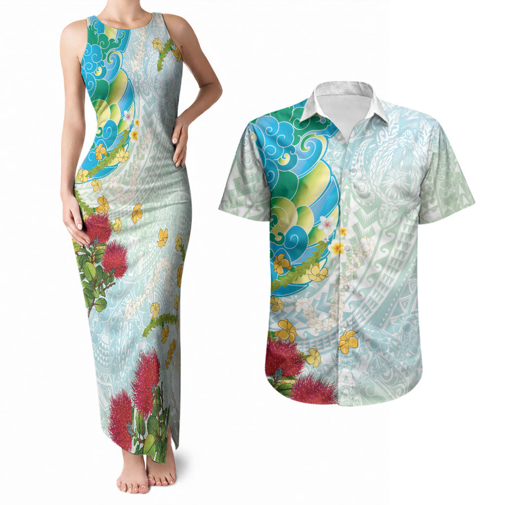 Japanese and Hawaiian Culture Fusion Couples Matching Tank Maxi Dress and Hawaiian Shirt Irezumi with Turtles and Lei Kakau Pattern Fresh Vibe LT03 Multicolor - Polynesian Pride
