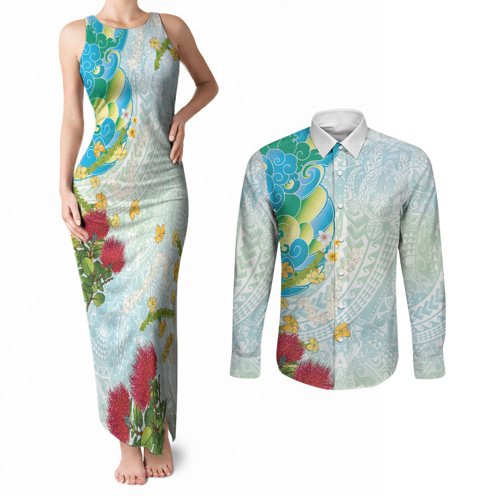 Japanese and Hawaiian Culture Fusion Couples Matching Tank Maxi Dress and Long Sleeve Button Shirt Irezumi with Turtles and Lei Kakau Pattern Fresh Vibe LT03 Multicolor - Polynesian Pride
